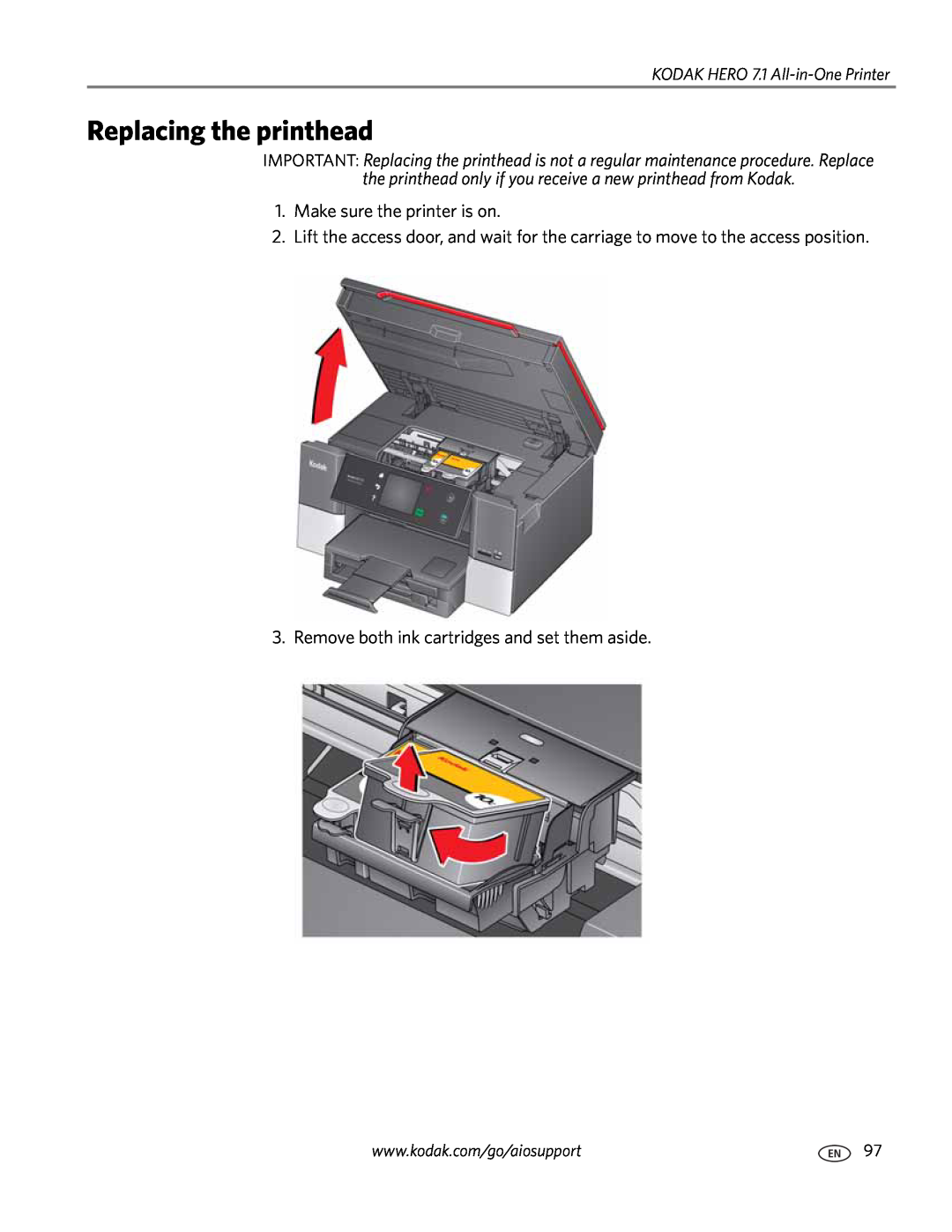 Kodak manual Replacing the printhead, KODAK HERO 7.1 All-in-One Printer 