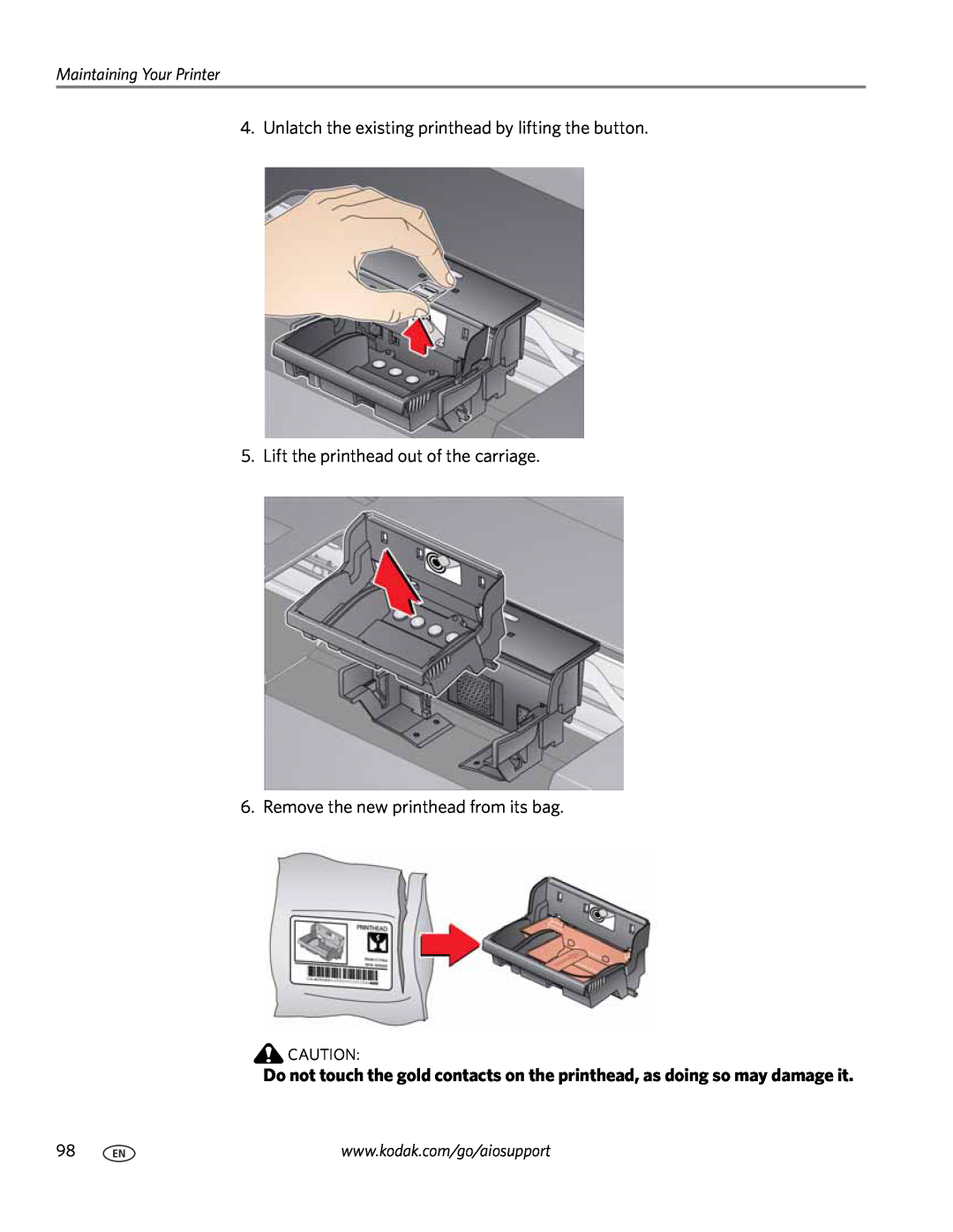 Kodak 7.1 manual Unlatch the existing printhead by lifting the button, Lift the printhead out of the carriage 
