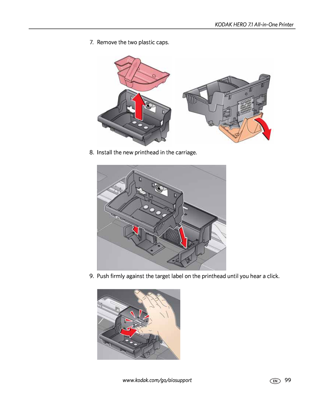 Kodak manual Remove the two plastic caps, Install the new printhead in the carriage, KODAK HERO 7.1 All-in-One Printer 