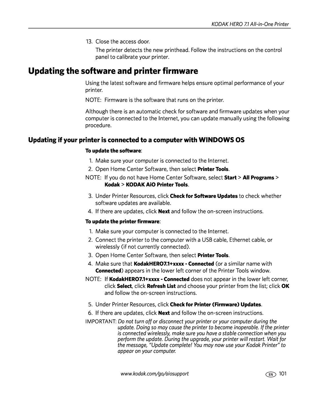 Kodak 7.1 Updating the software and printer firmware, Updating if your printer is connected to a computer with WINDOWS OS 