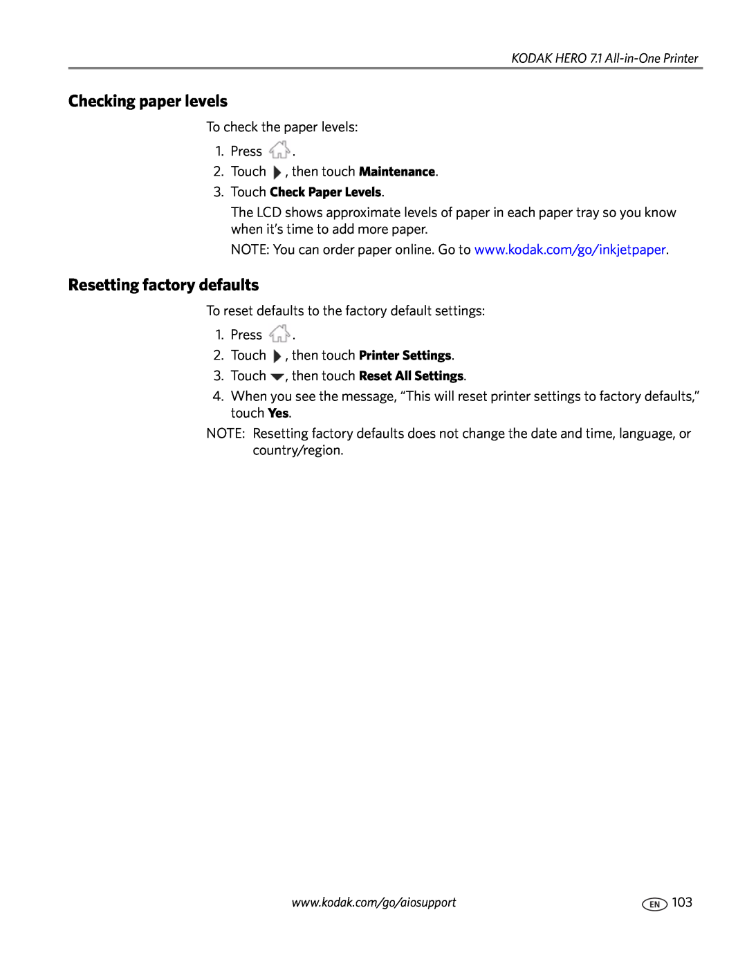 Kodak 7.1 manual Checking paper levels, Resetting factory defaults, Touch Check Paper Levels 