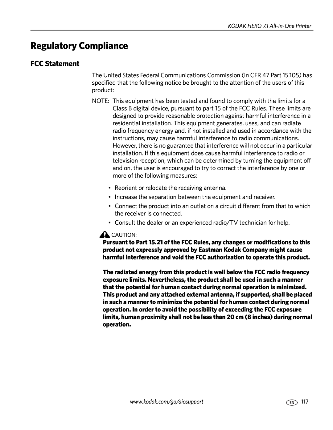 Kodak manual Regulatory Compliance, FCC Statement, KODAK HERO 7.1 All-in-One Printer 