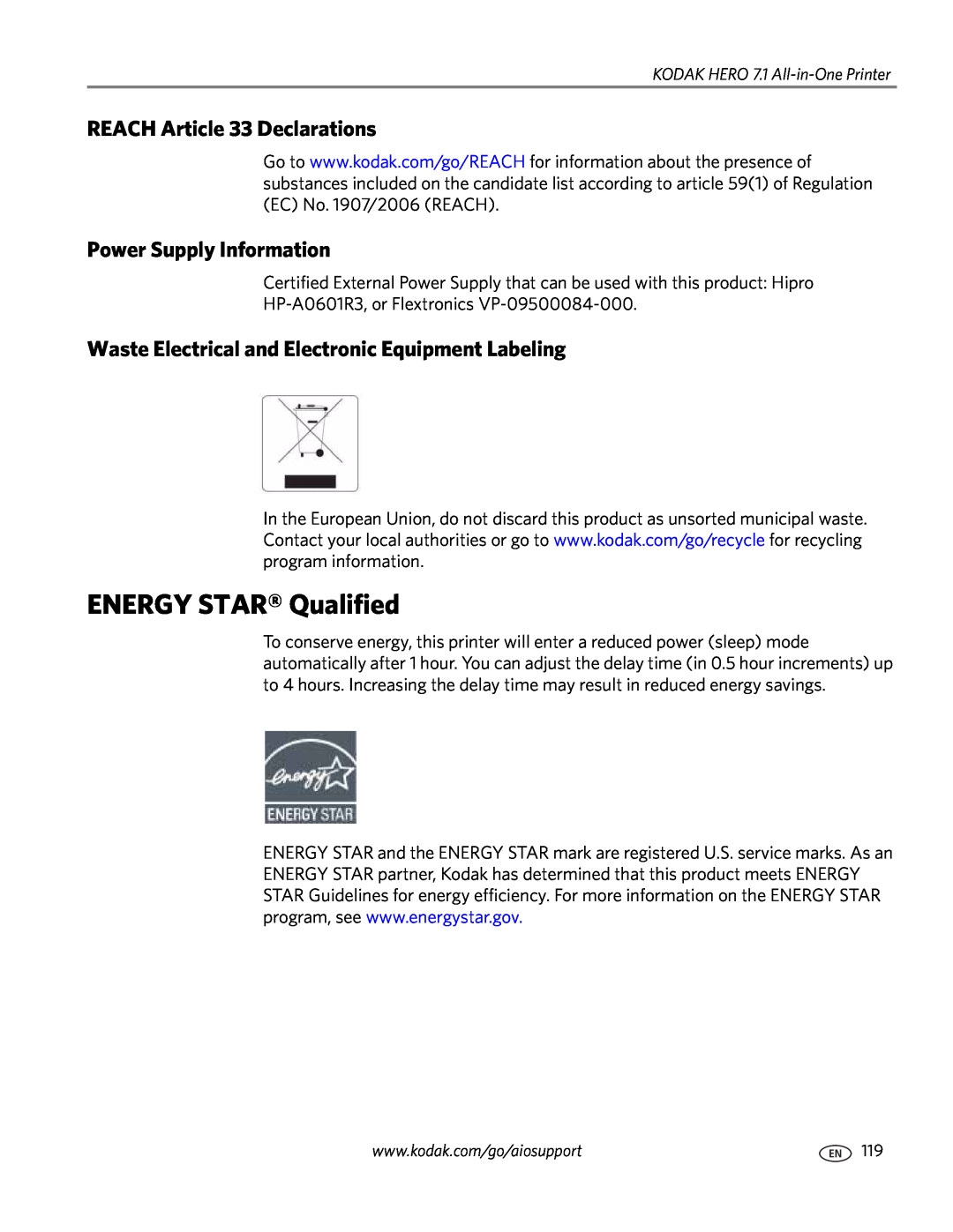 Kodak 7.1 manual ENERGY STAR Qualified, REACH Article 33 Declarations, Power Supply Information 