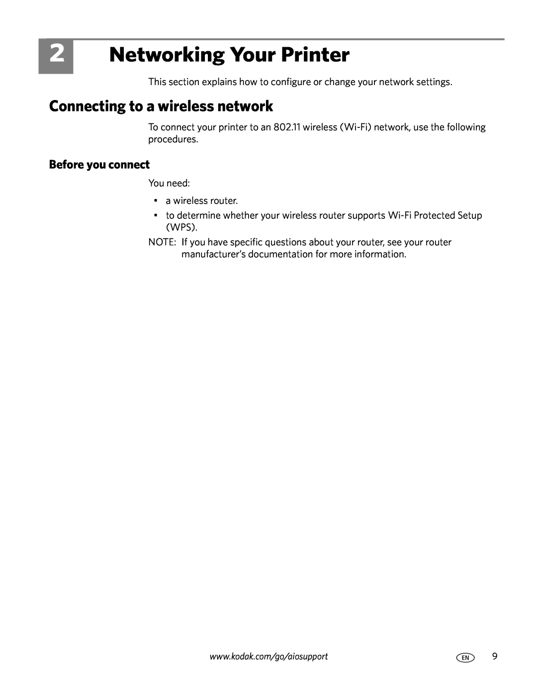Kodak 7.1 manual Networking Your Printer, Connecting to a wireless network, Before you connect 