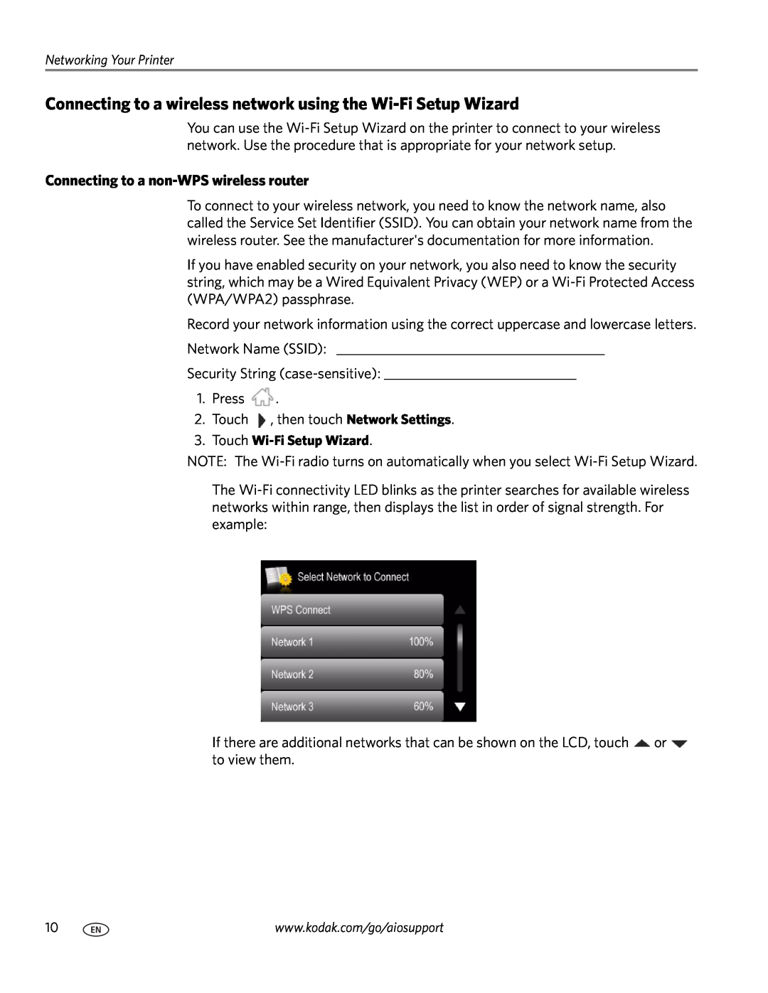 Kodak 7.1 manual Connecting to a wireless network using the Wi-Fi Setup Wizard, Connecting to a non-WPS wireless router 