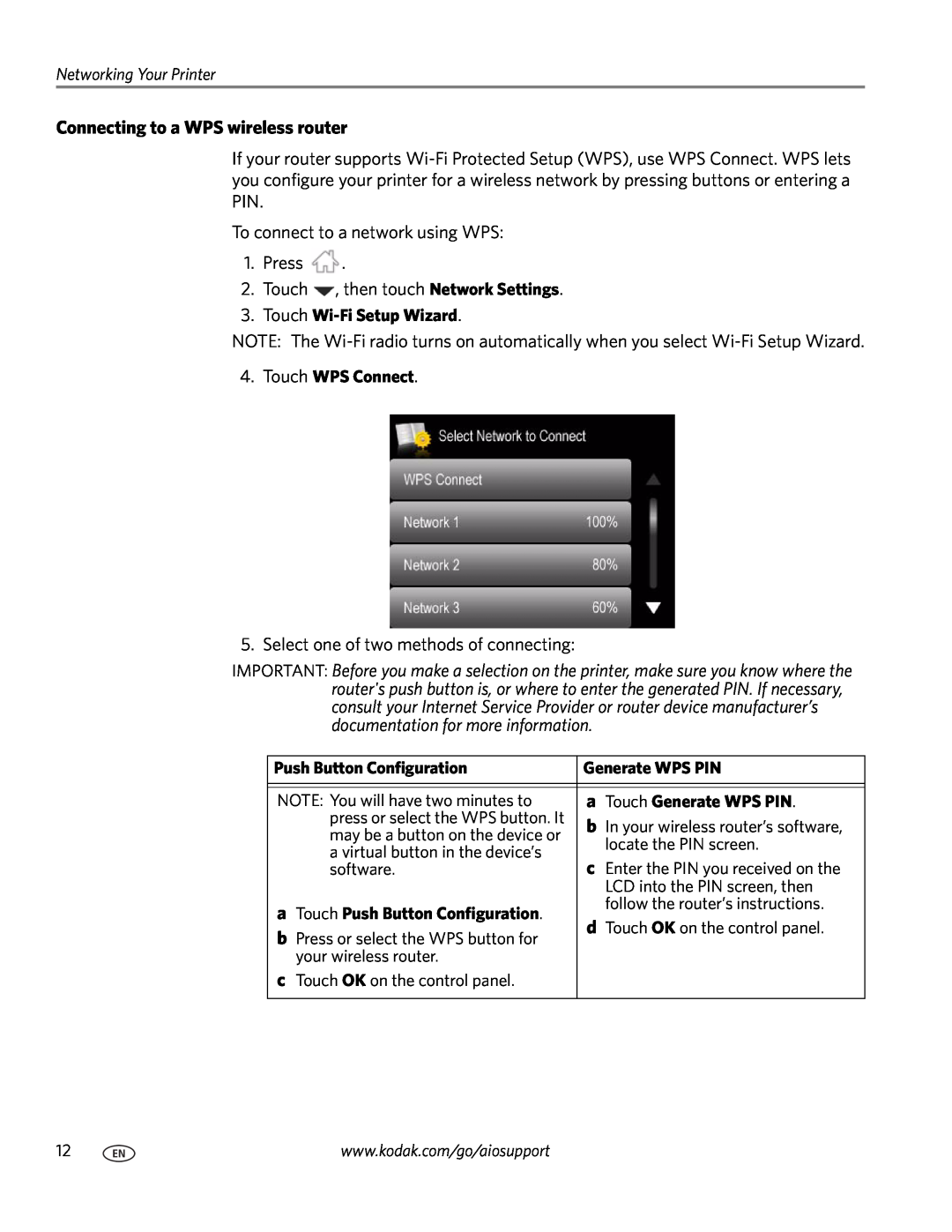 Kodak 7.1 manual Connecting to a WPS wireless router, Networking Your Printer, Touch Wi-Fi Setup Wizard, Touch WPS Connect 
