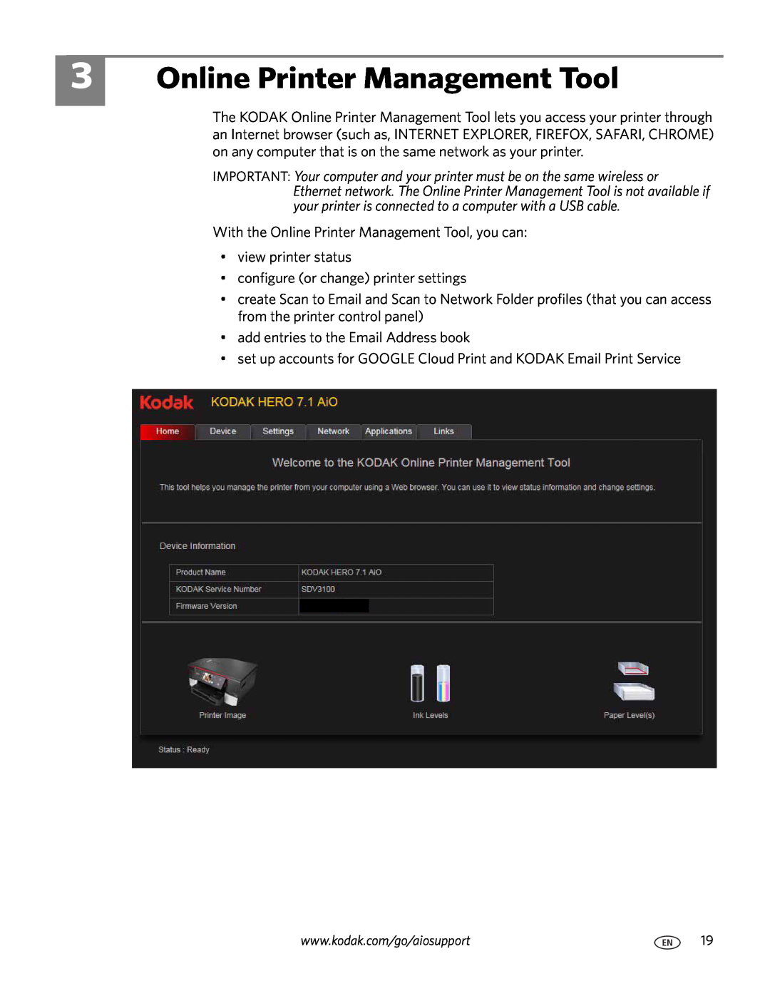 Kodak 7.1 manual Online Printer Management Tool 