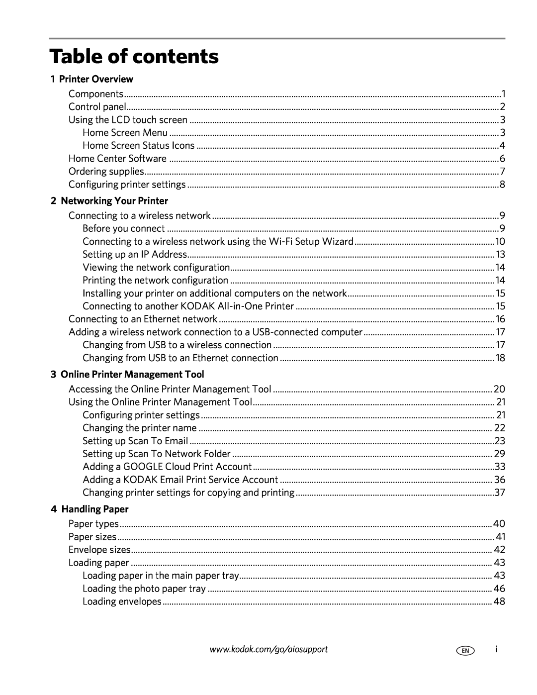 Kodak 7.1 Table of contents, Printer Overview, Networking Your Printer, Online Printer Management Tool, Handling Paper 