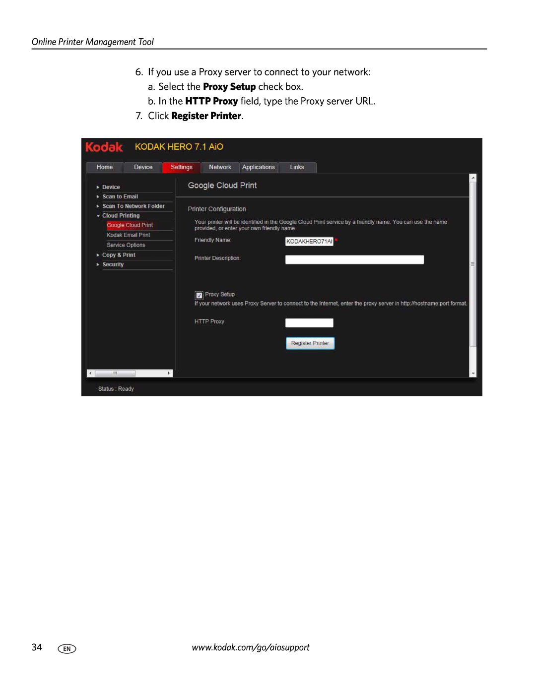 Kodak 7.1 Click Register Printer, If you use a Proxy server to connect to your network, Online Printer Management Tool 