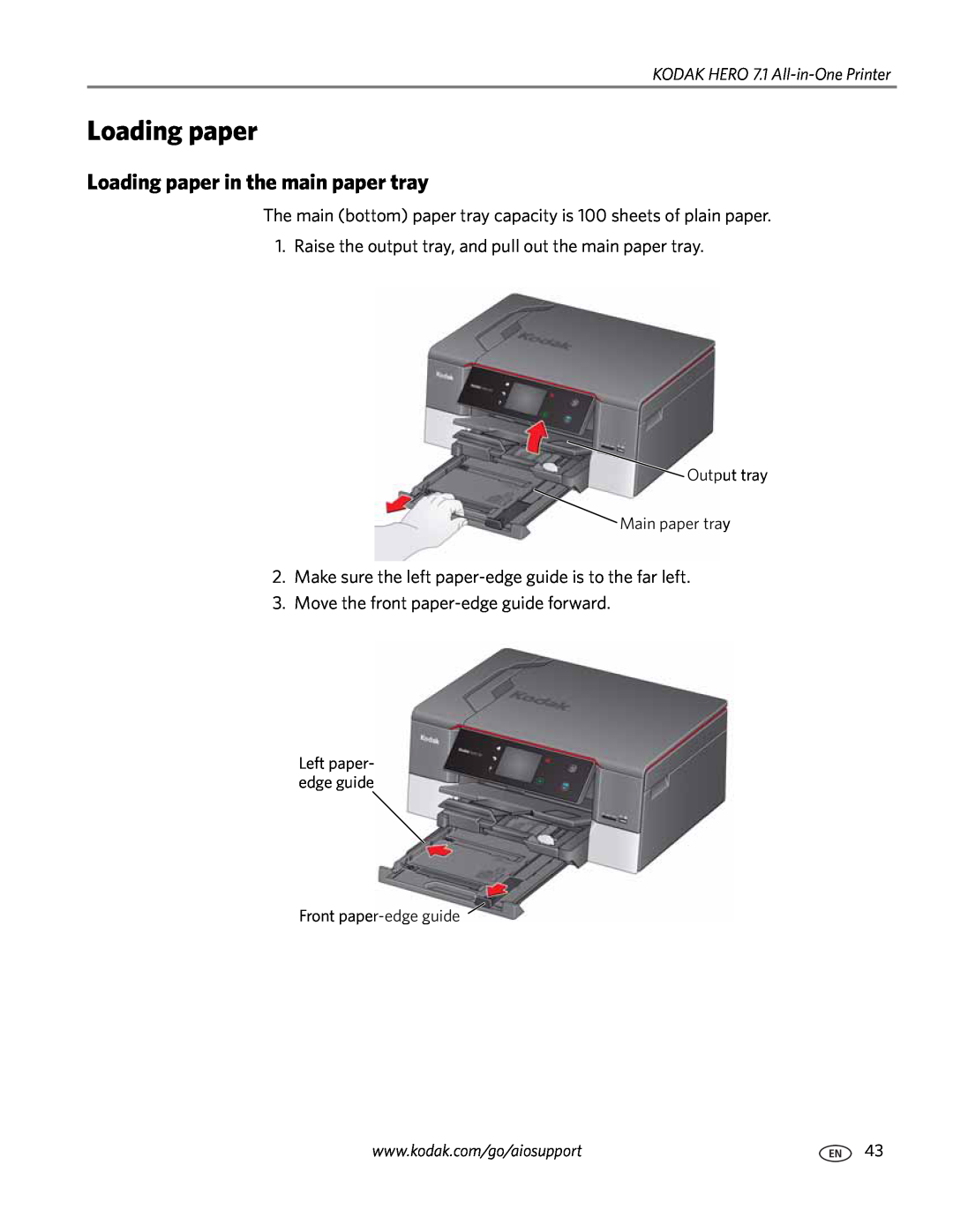 Kodak manual Loading paper in the main paper tray, KODAK HERO 7.1 All-in-One Printer, Output tray Main paper tray 