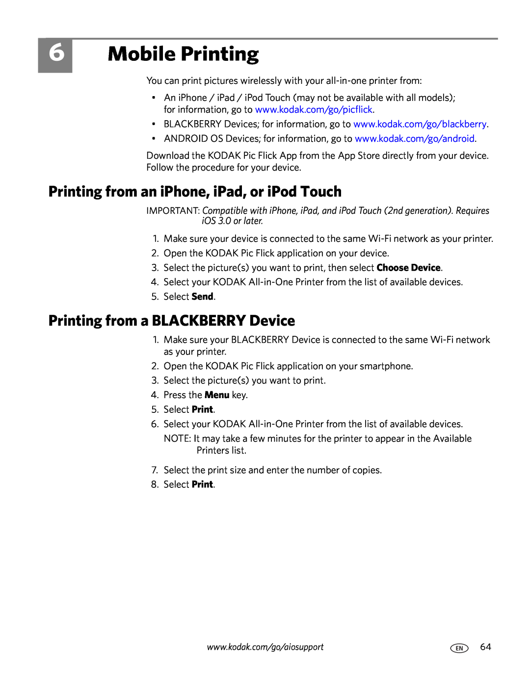 Kodak 7.1 manual Mobile Printing, Printing from an iPhone, iPad, or iPod Touch, Printing from a BLACKBERRY Device 