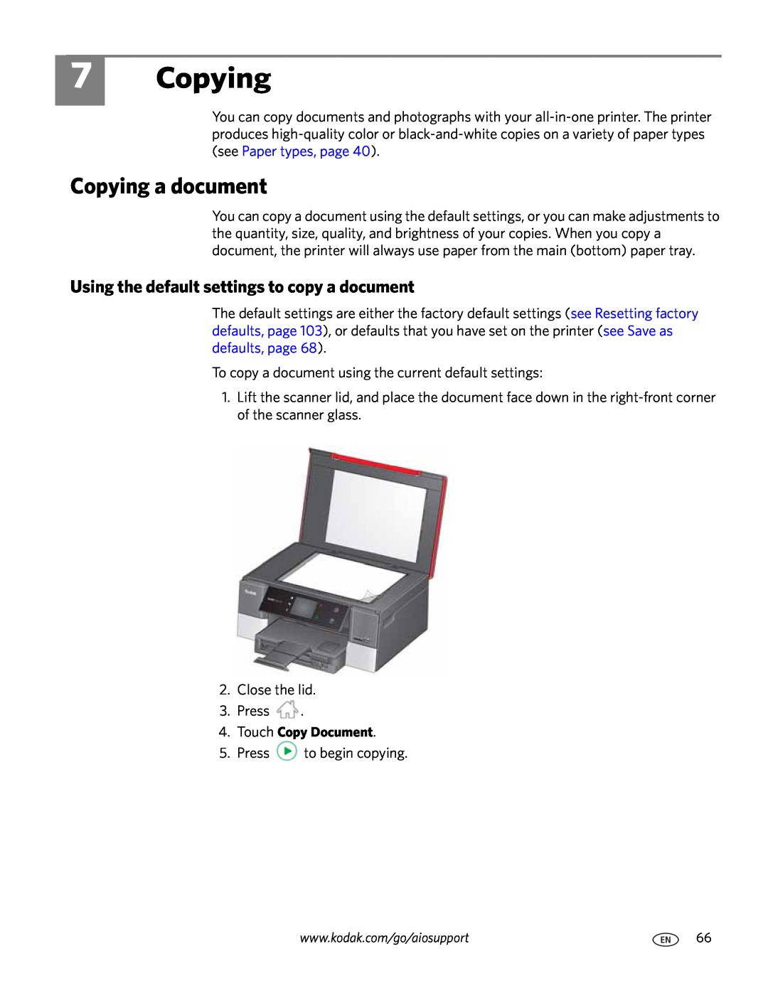 Kodak 7.1 manual Copying a document, Using the default settings to copy a document 