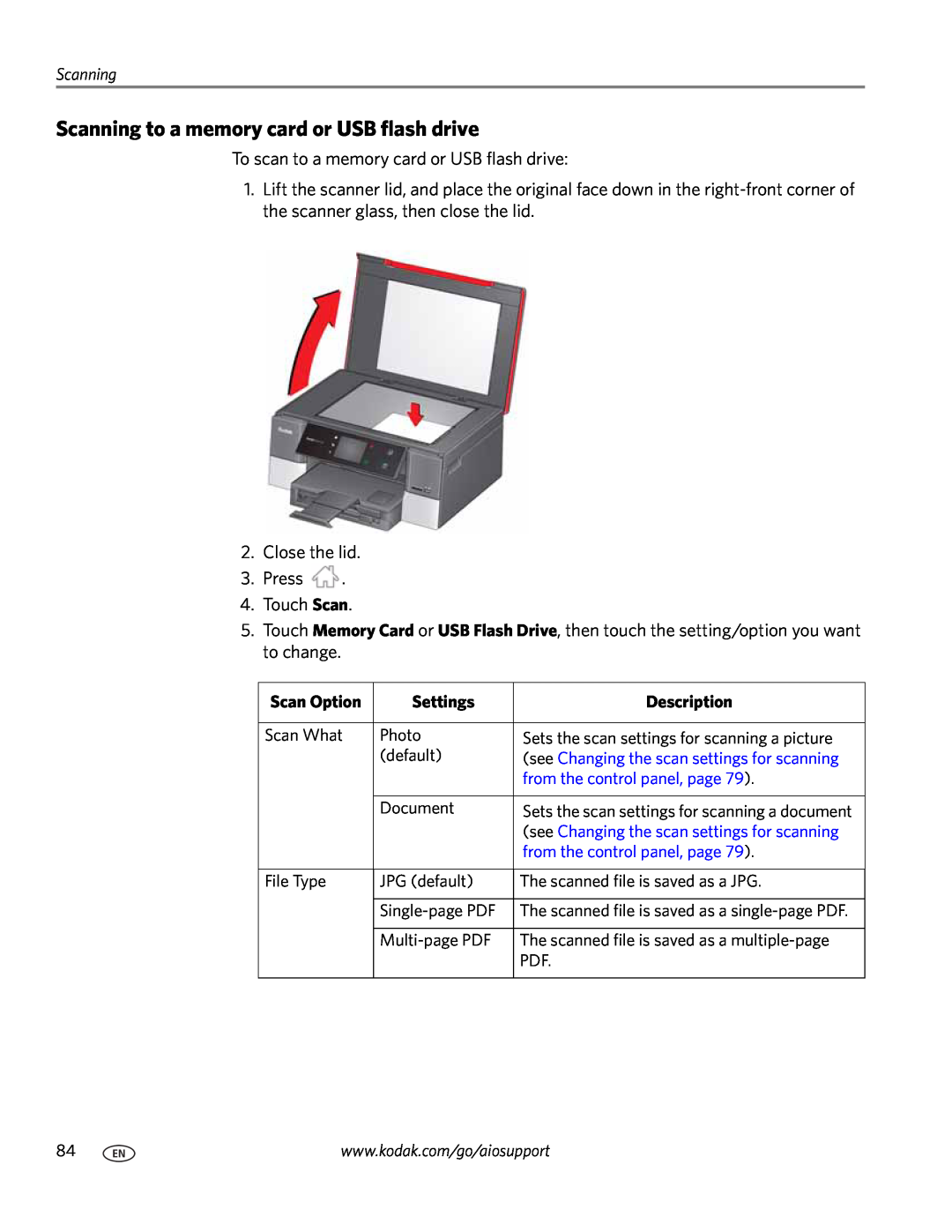 Kodak 7.1 manual Scanning to a memory card or USB flash drive 