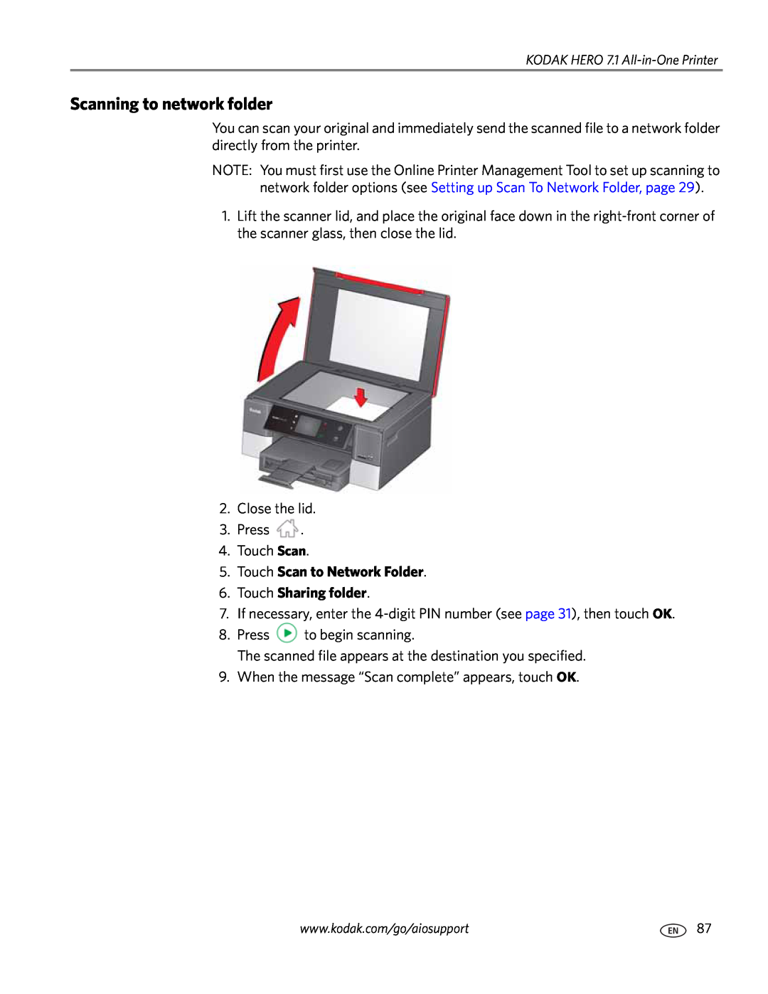 Kodak 7.1 manual Scanning to network folder, Touch Scan to Network Folder 6. Touch Sharing folder 