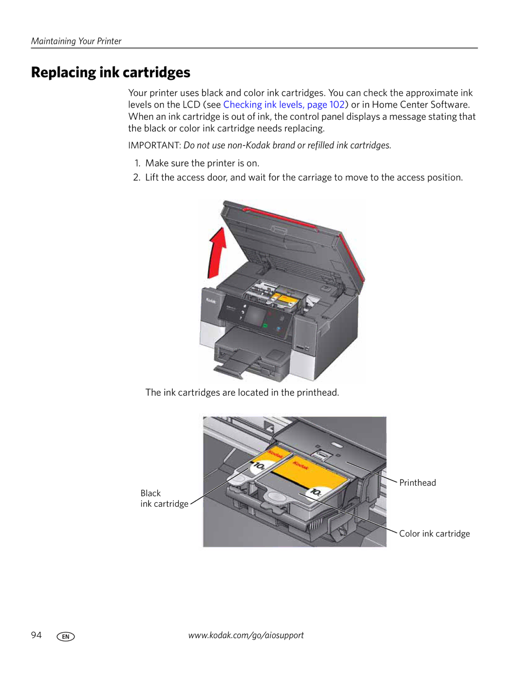 Kodak 7.1 manual Replacing ink cartridges 