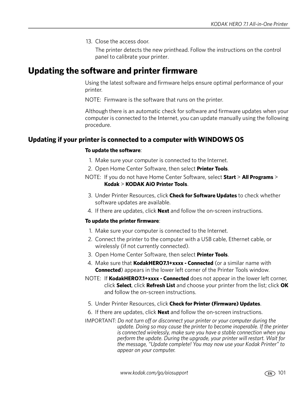 Kodak 7.1 manual Updating the software and printer firmware, To update the software, Kodak Kodak AiO Printer Tools 