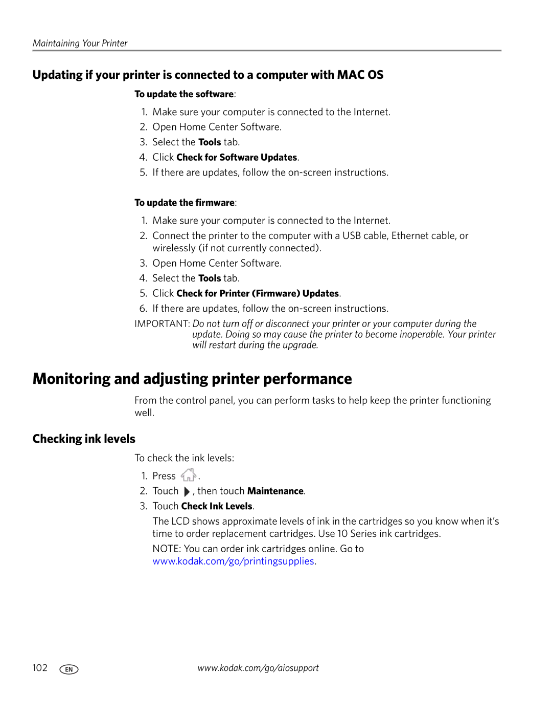 Kodak 7.1 manual Monitoring and adjusting printer performance, Checking ink levels 