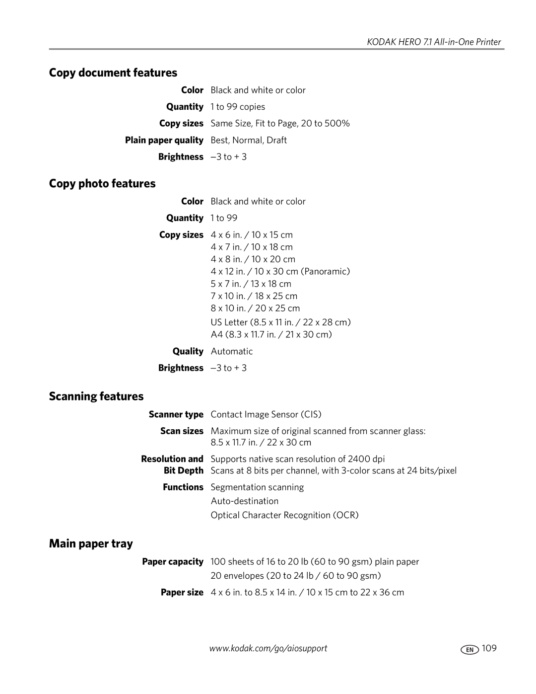 Kodak 7.1 manual Copy document features, Copy photo features, Scanning features, Main paper tray 