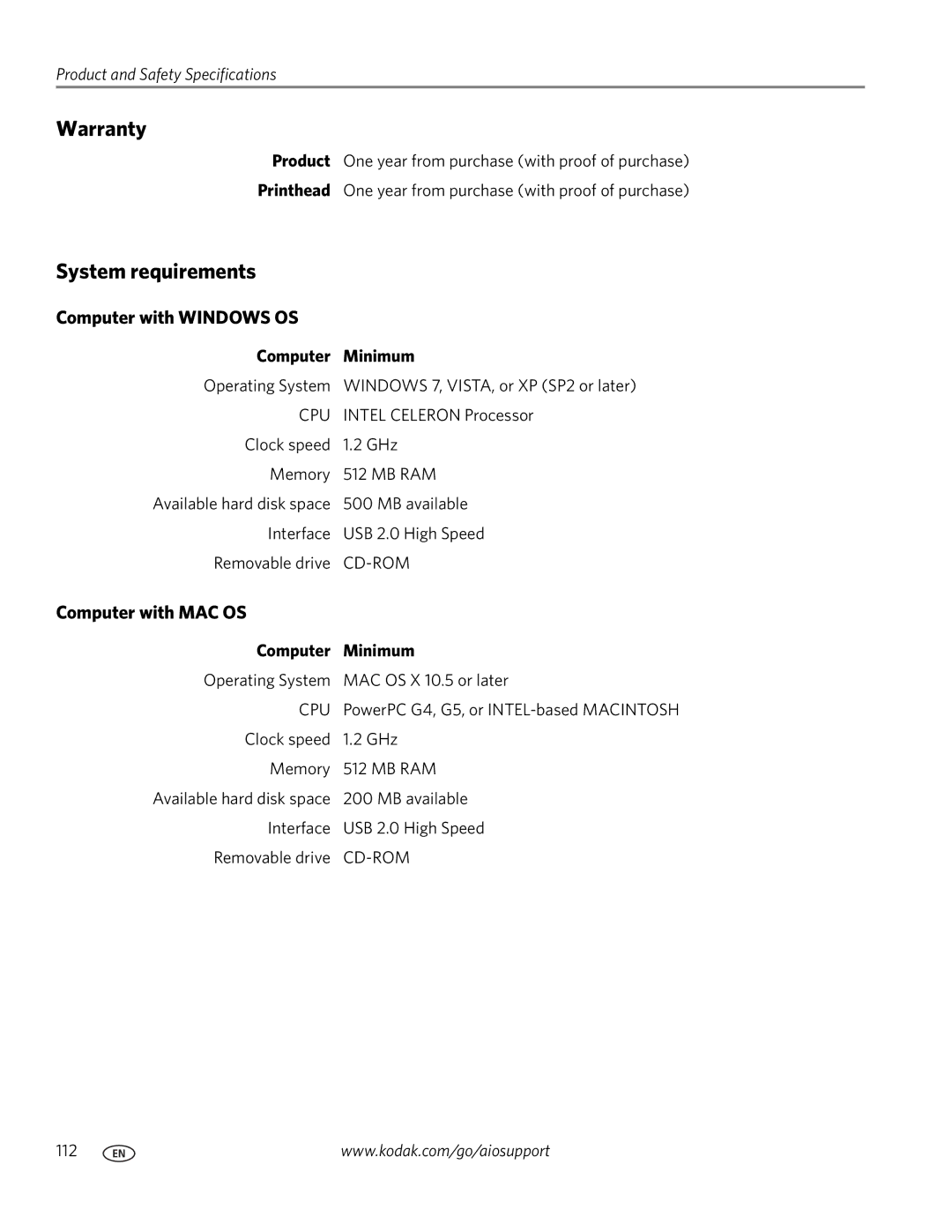 Kodak 7.1 manual Warranty, System requirements, Computer with Windows OS, Computer with MAC OS, Computer Minimum 