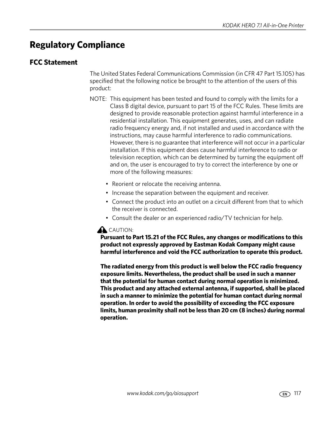 Kodak 7.1 manual Regulatory Compliance, FCC Statement 