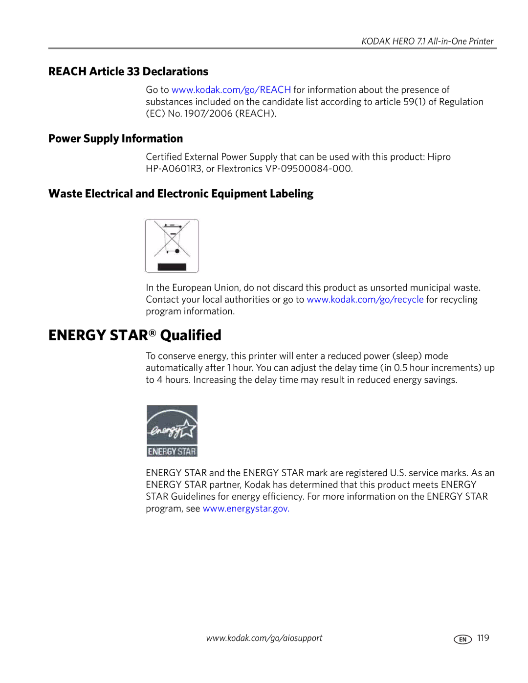 Kodak 7.1 manual Energy Star Qualified, Reach Article 33 Declarations Power Supply Information 