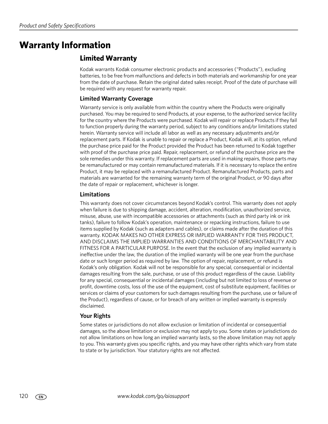 Kodak 7.1 manual Warranty Information, Limited Warranty Coverage, Limitations, Your Rights 