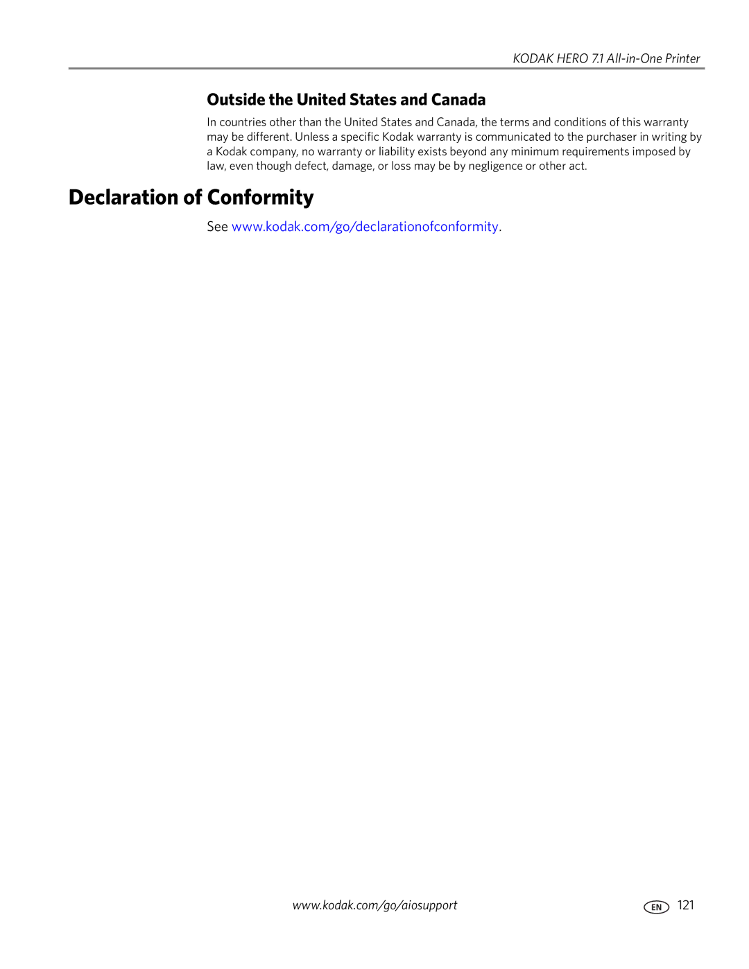 Kodak 7.1 manual Declaration of Conformity, Outside the United States and Canada 