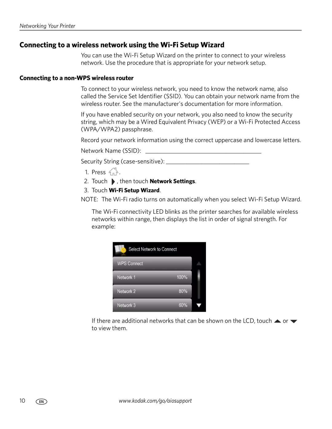 Kodak 7.1 manual Connecting to a non-WPS wireless router, Touch Wi-Fi Setup Wizard 