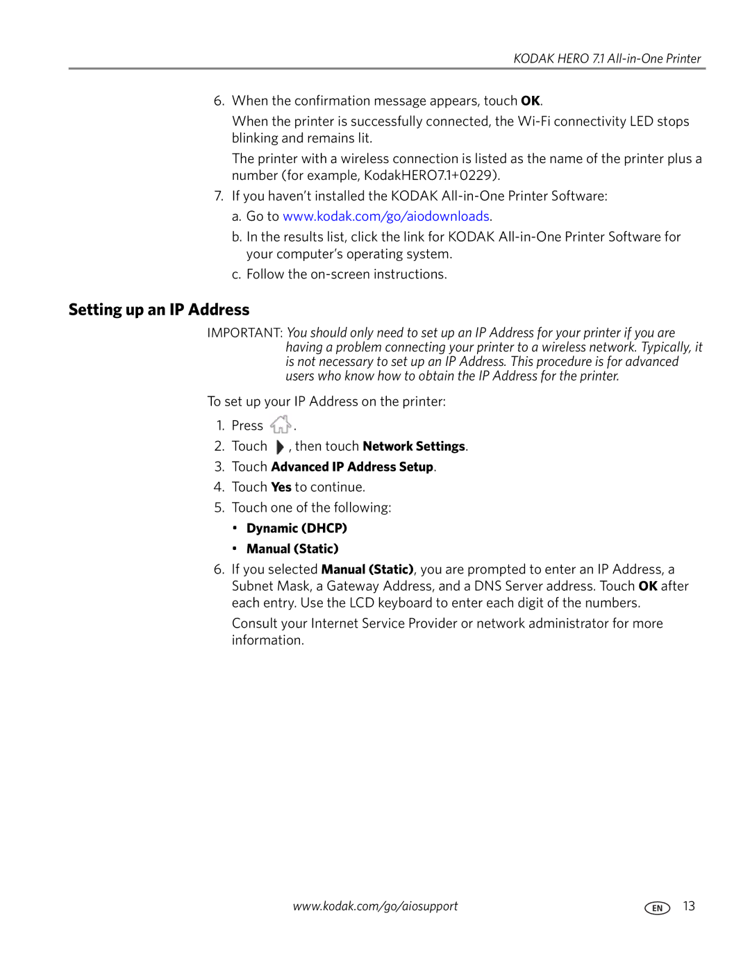 Kodak 7.1 manual Setting up an IP Address, Touch Advanced IP Address Setup, Dynamic Dhcp Manual Static 