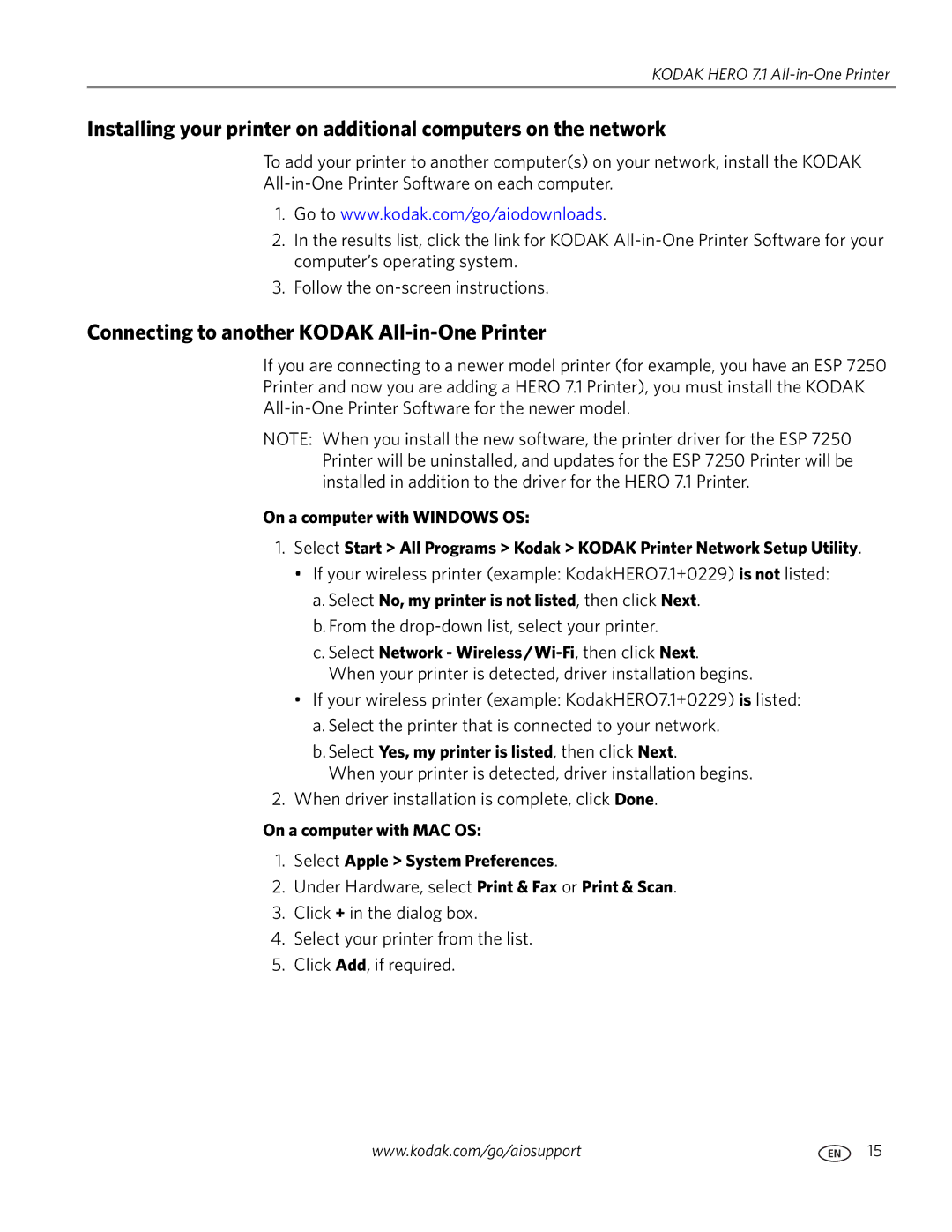 Kodak 7.1 manual Connecting to another Kodak All-in-One Printer, Select No, my printer is not listed, then click Next 