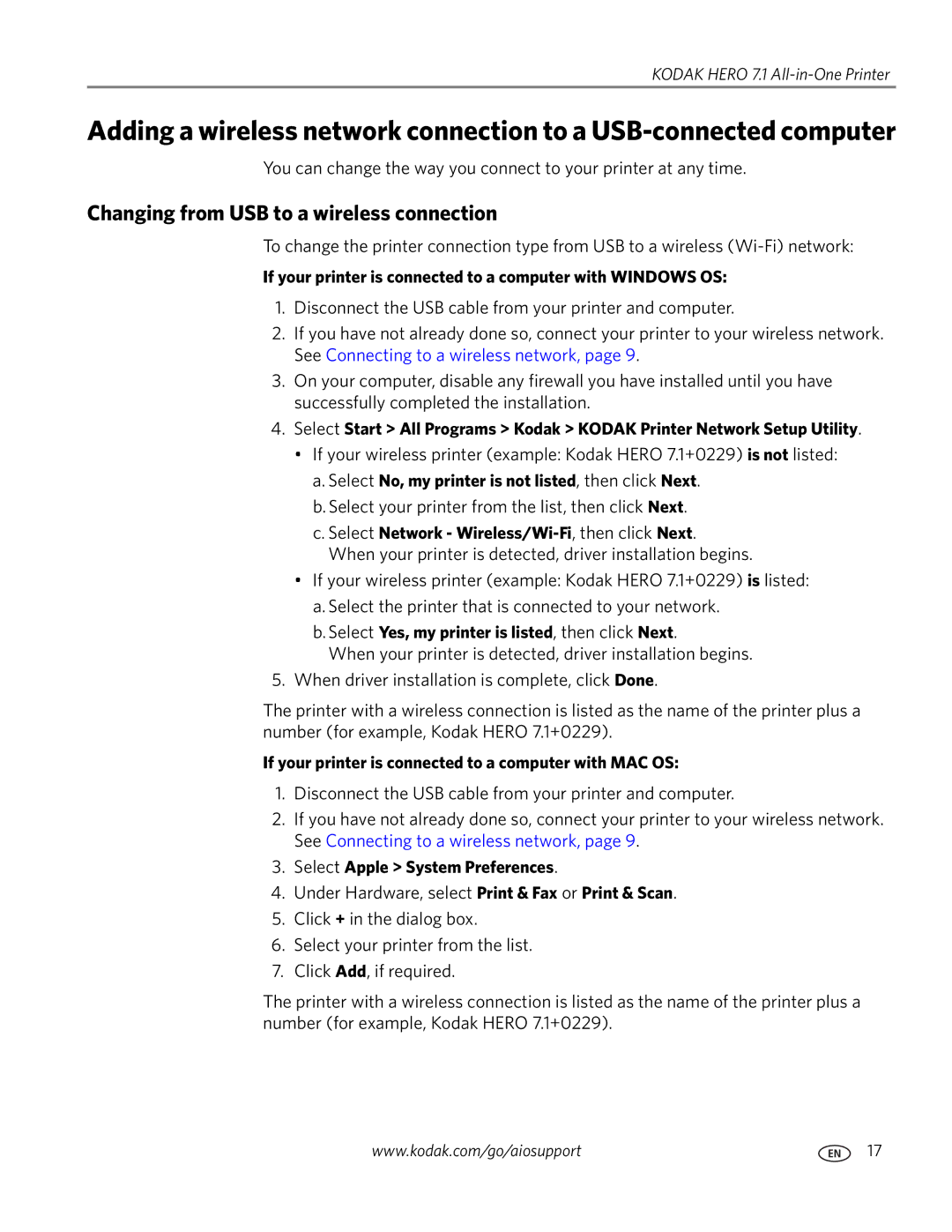 Kodak 7.1 manual Changing from USB to a wireless connection, If your printer is connected to a computer with Windows OS 