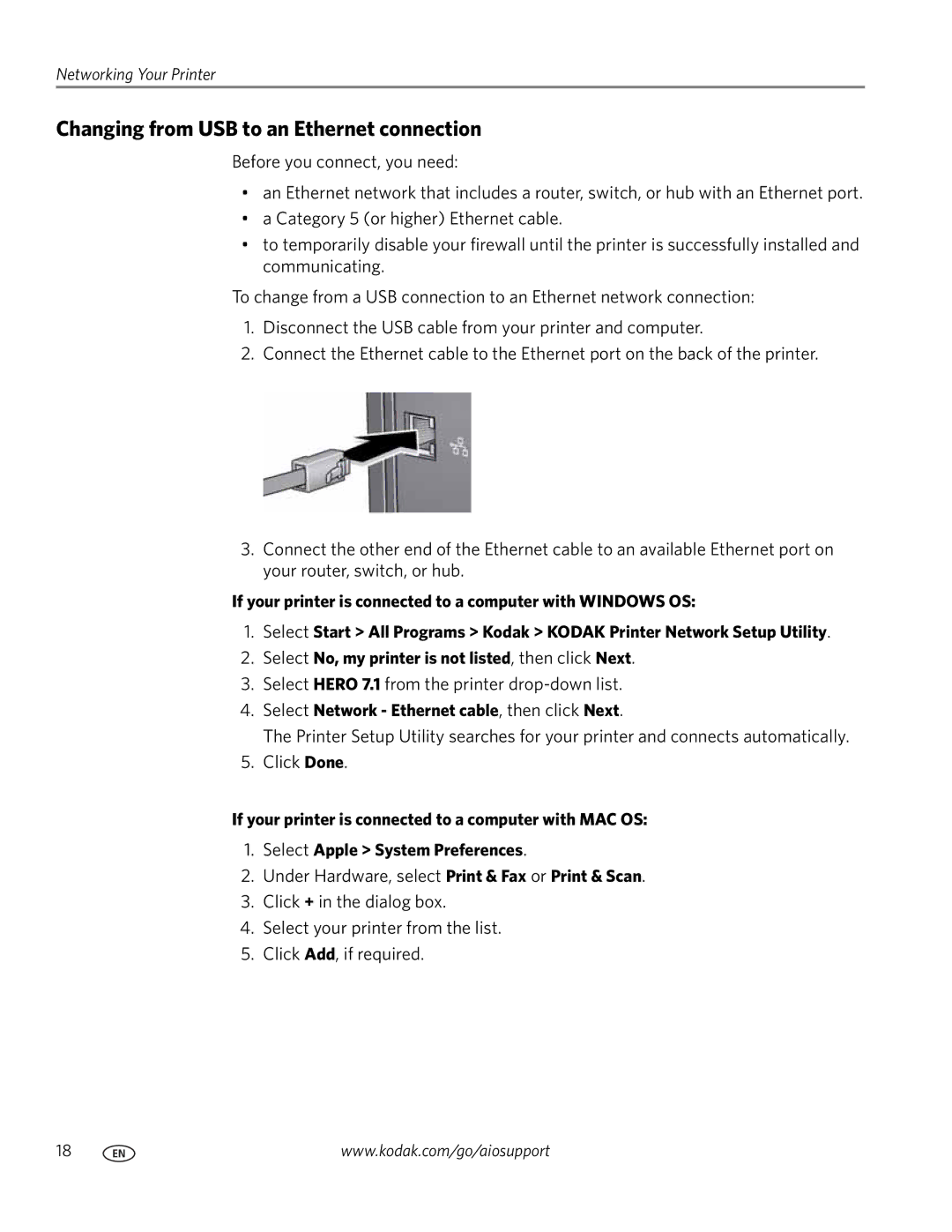 Kodak 7.1 manual Changing from USB to an Ethernet connection, Select Network Ethernet cable, then click Next 