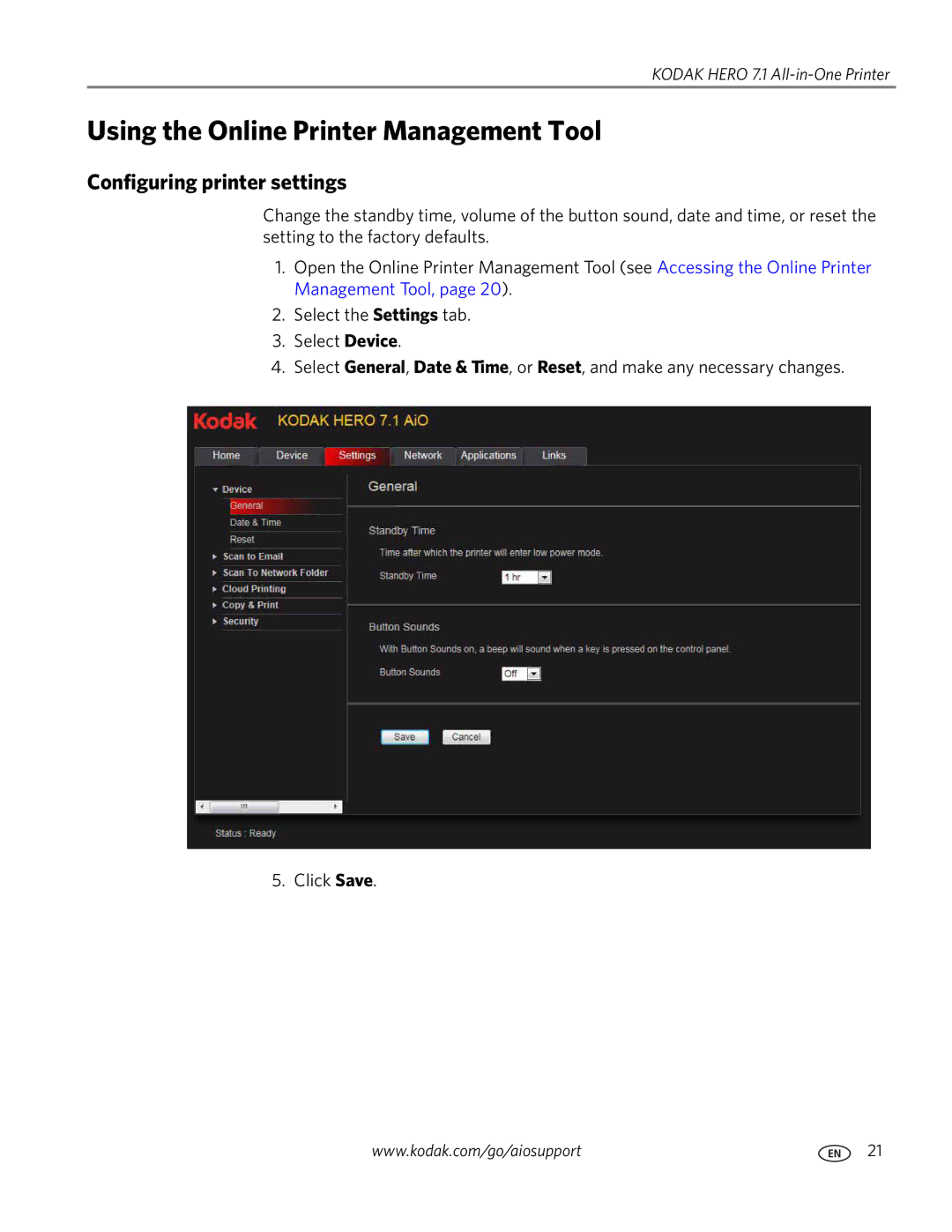 Kodak 7.1 manual Using the Online Printer Management Tool, Configuring printer settings 