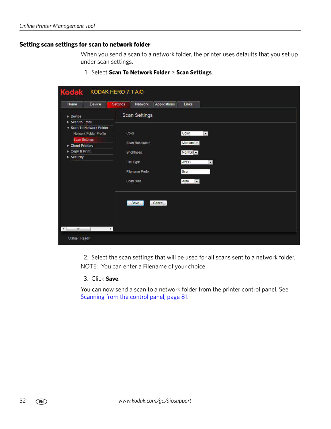 Kodak 7.1 manual Setting scan settings for scan to network folder, Select Scan To Network Folder Scan Settings 