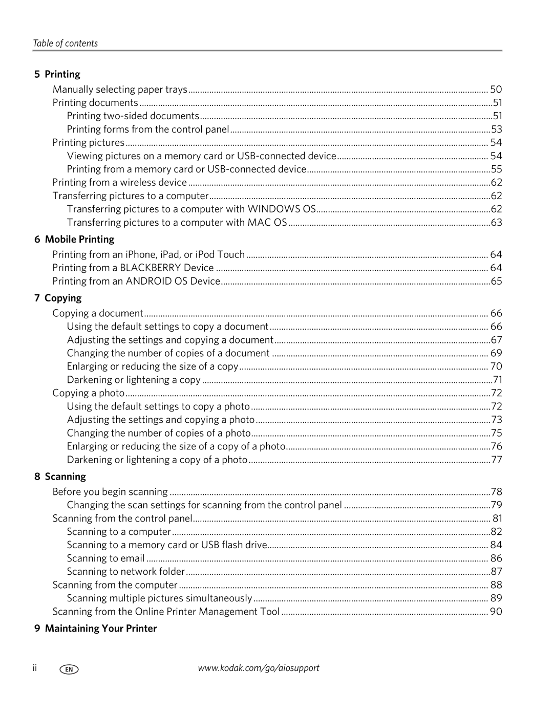 Kodak 7.1 manual Mobile Printing, Copying, Scanning, Maintaining Your Printer 