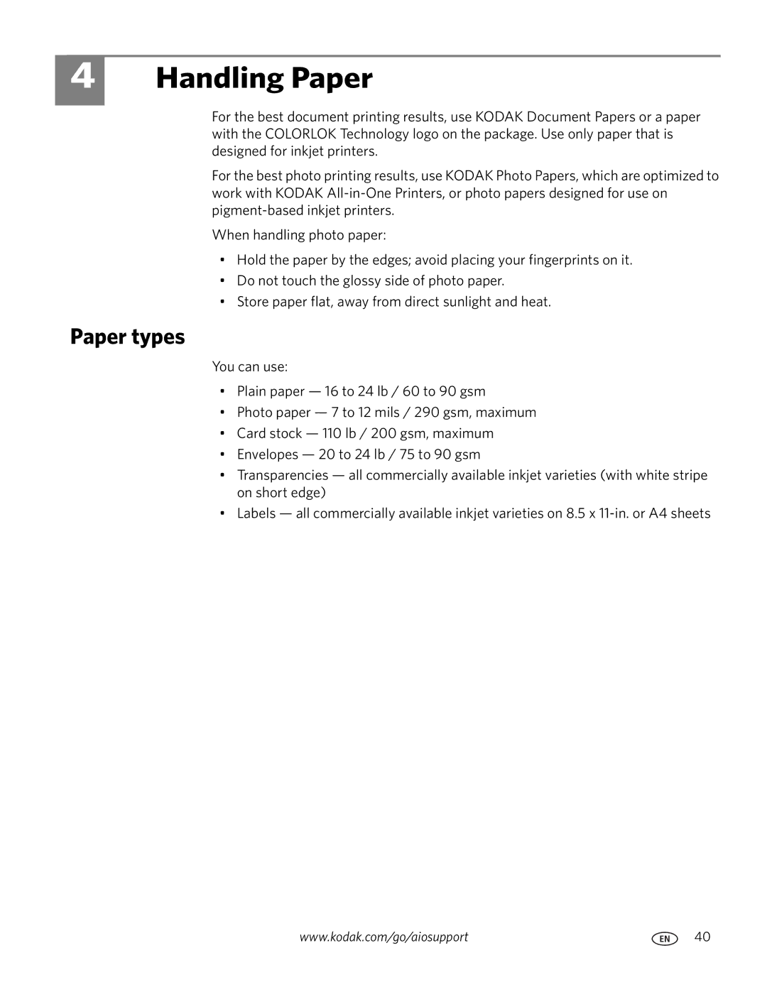 Kodak 7.1 manual Handling Paper, Paper types 