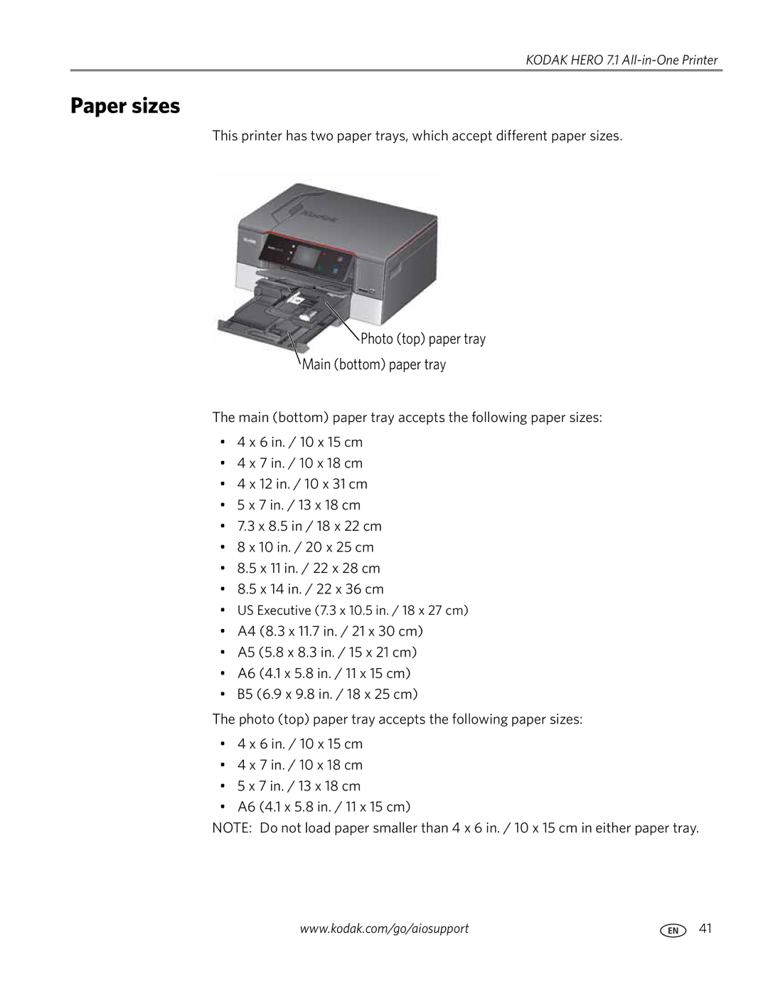 Kodak 7.1 manual Paper sizes, Photo top paper tray Main bottom paper tray 