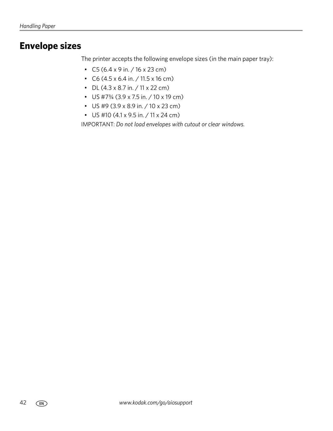 Kodak 7.1 manual Envelope sizes 