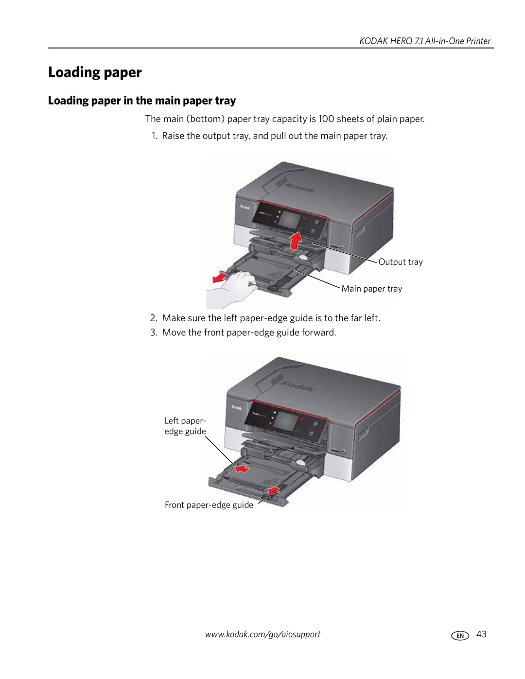 Kodak 7.1 manual Loading paper in the main paper tray 