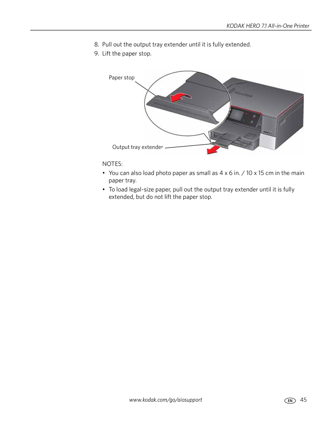 Kodak 7.1 manual Paper stop Output tray extender 