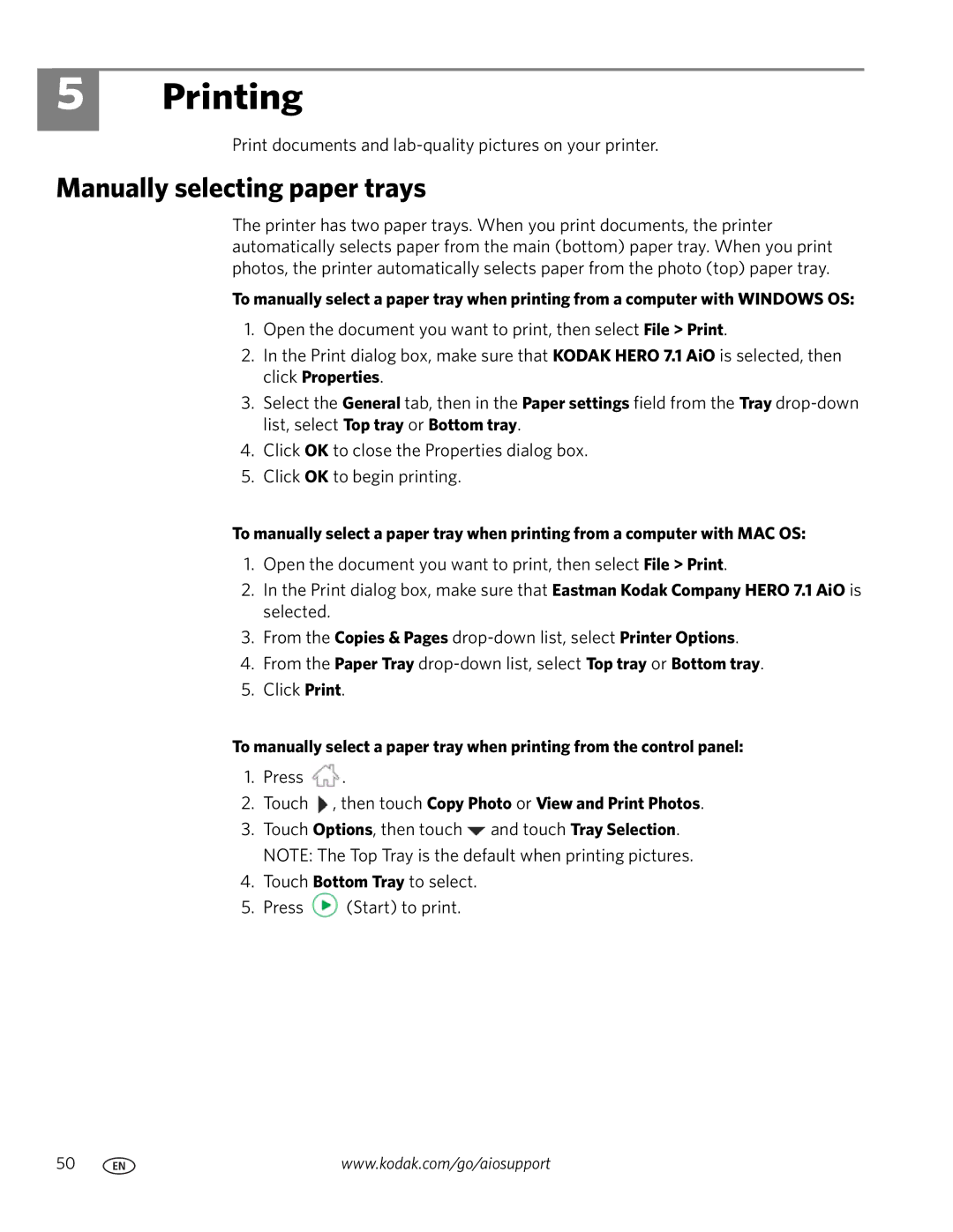 Kodak 7.1 manual Printing, Manually selecting paper trays, Touch , then touch Copy Photo or View and Print Photos 