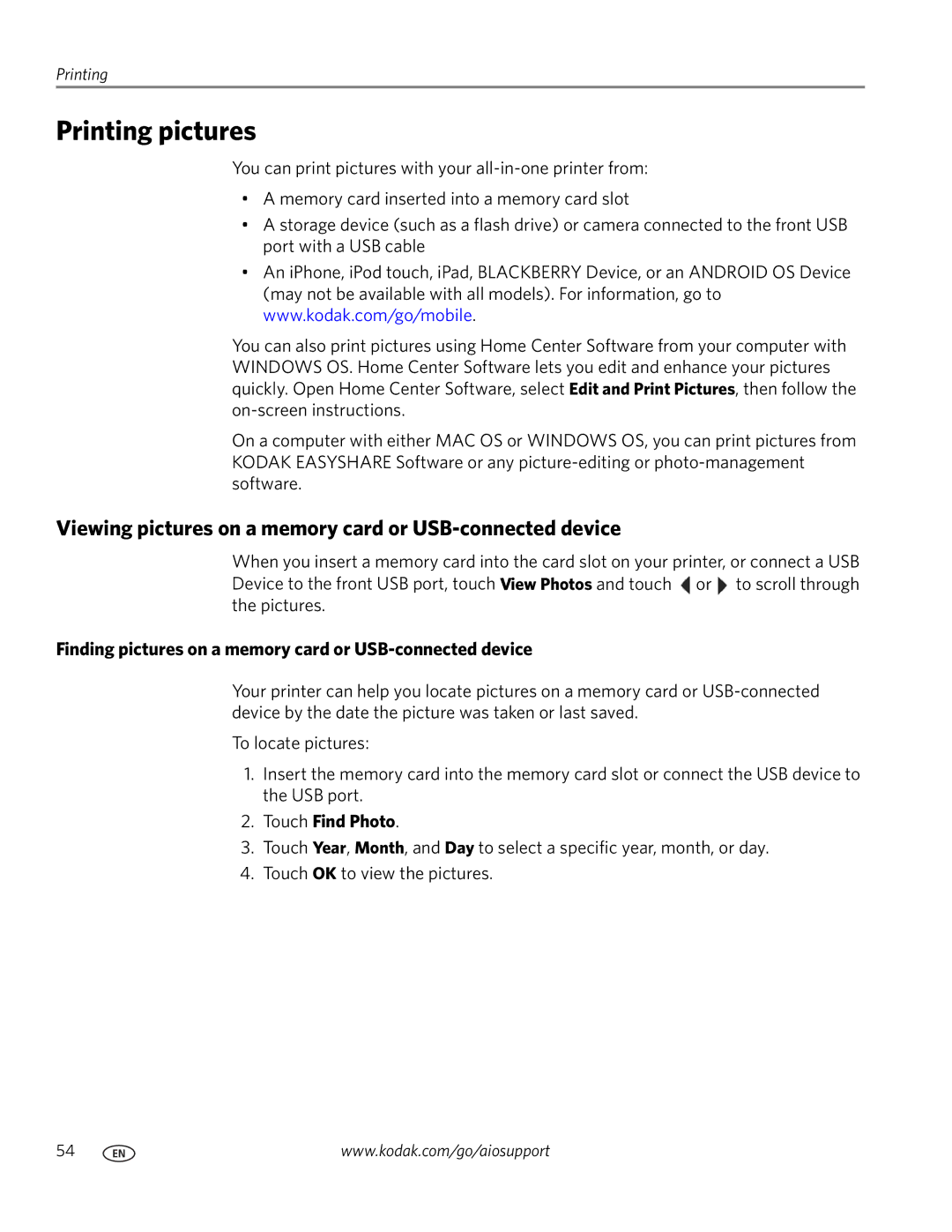 Kodak 7.1 manual Printing pictures, Viewing pictures on a memory card or USB-connected device, Touch Find Photo 