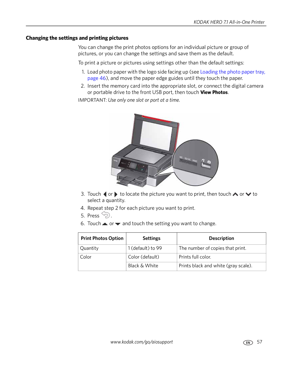 Kodak 7.1 manual Changing the settings and printing pictures, Print Photos Option Settings Description 