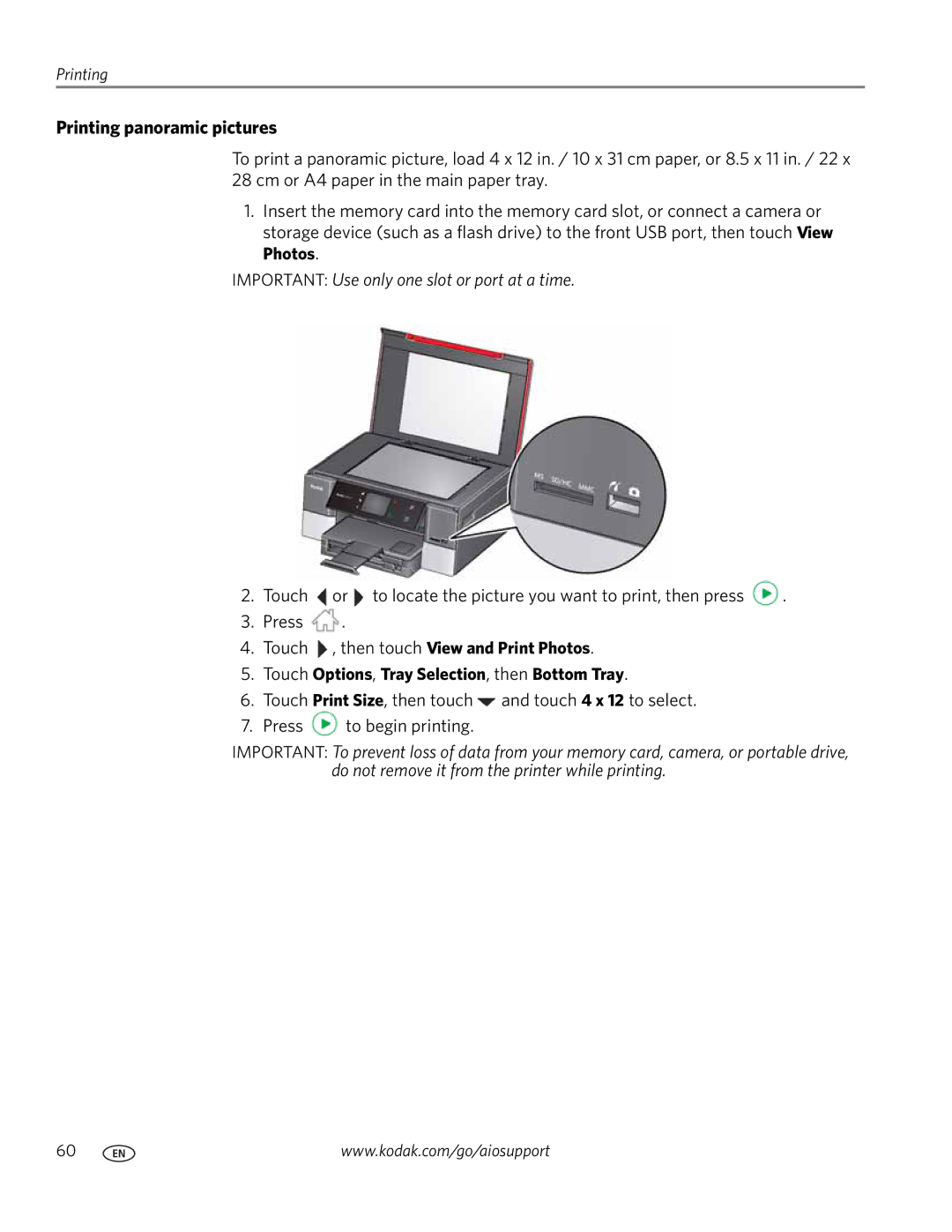 Kodak 7.1 manual Printing panoramic pictures, Touch Options, Tray Selection, then Bottom Tray 