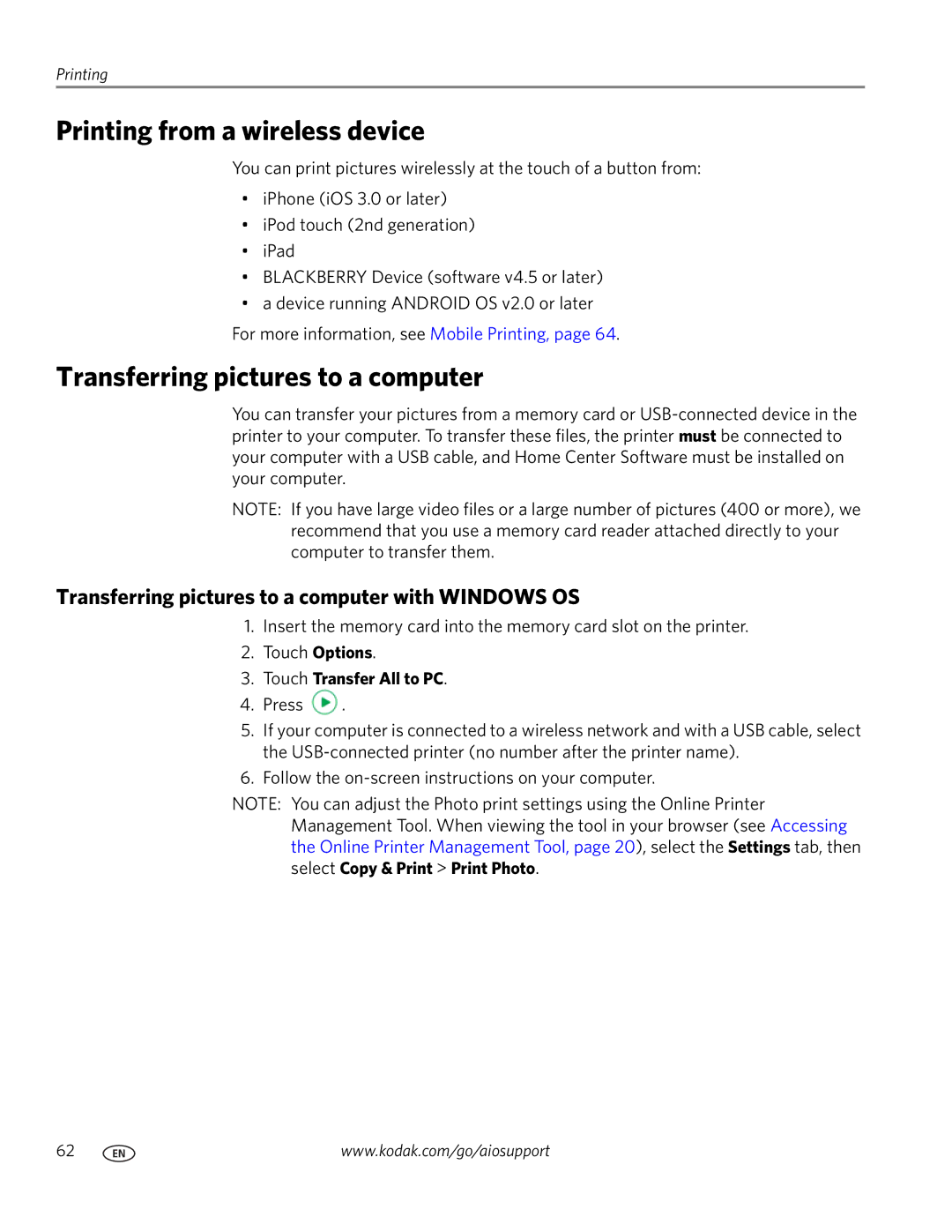 Kodak 7.1 manual Printing from a wireless device, Transferring pictures to a computer, Touch Transfer All to PC 