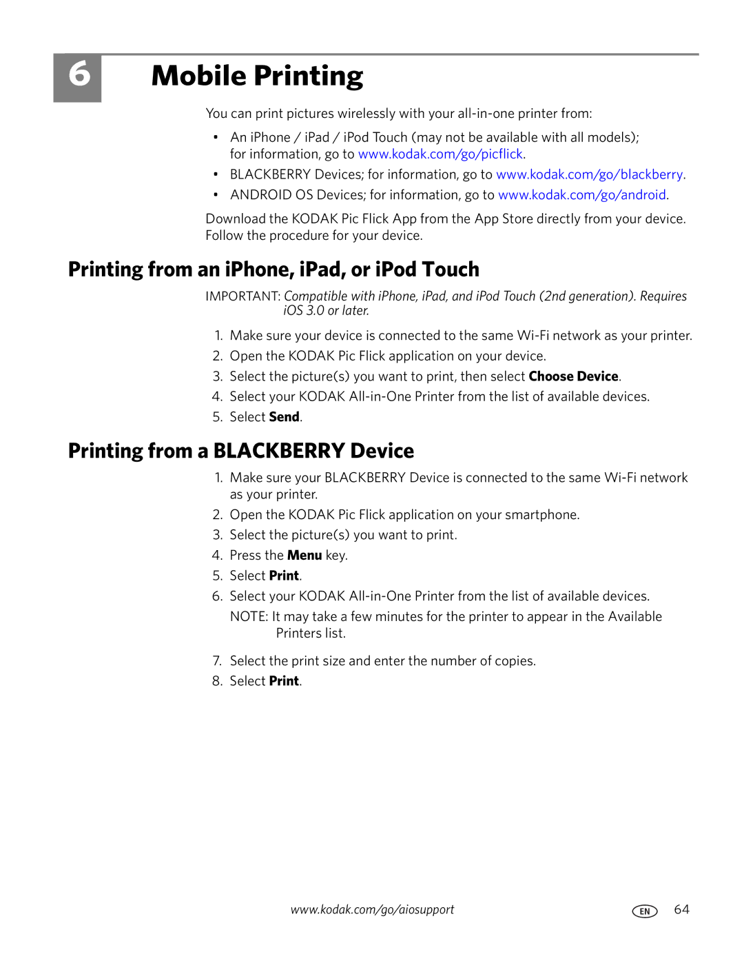 Kodak 7.1 manual Mobile Printing, Printing from an iPhone, iPad, or iPod Touch, Printing from a Blackberry Device 