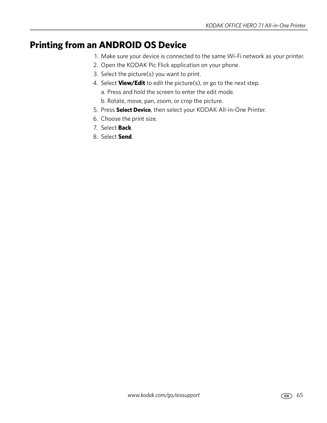 Kodak 7.1 manual Printing from an Android OS Device 
