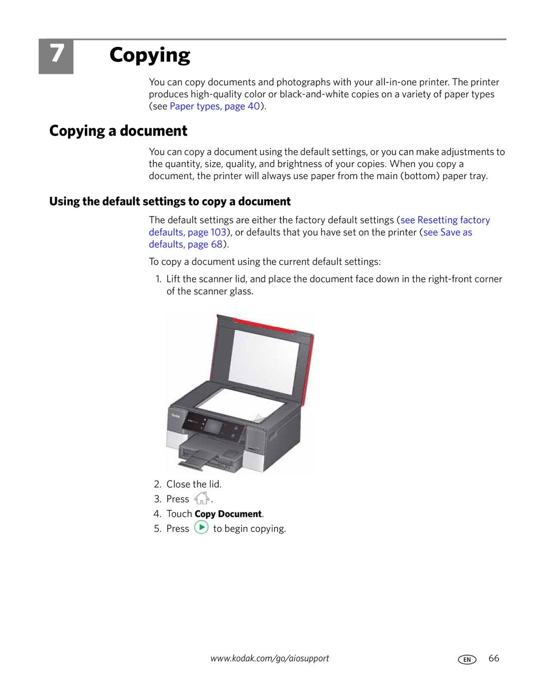 Kodak 7.1 manual Copying a document, Using the default settings to copy a document, Touch Copy Document 