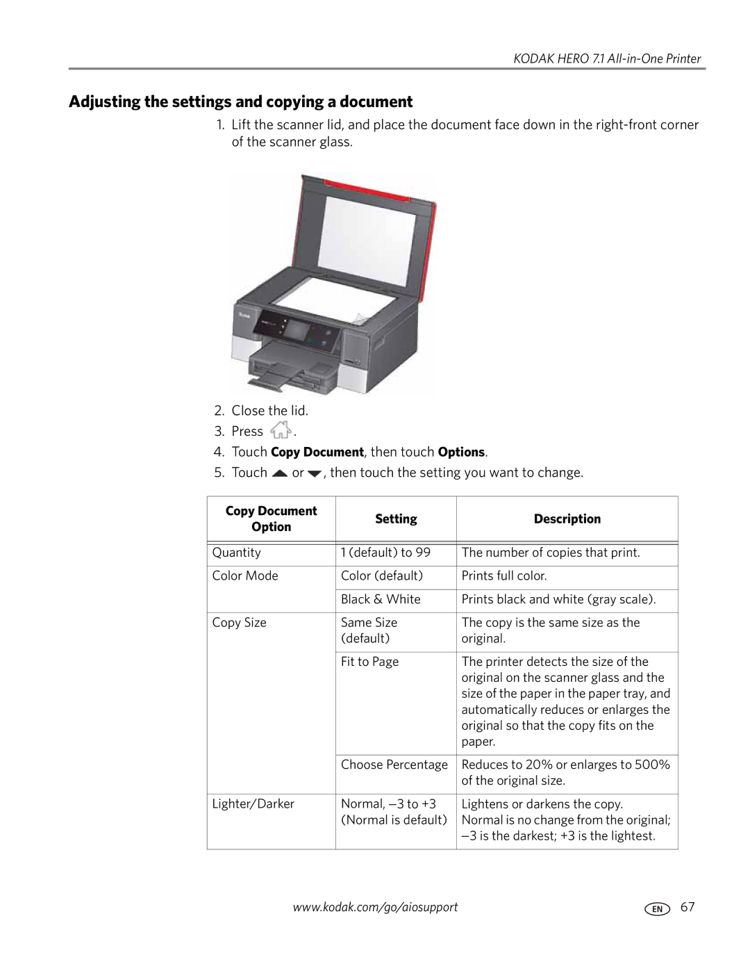 Kodak 7.1 manual Adjusting the settings and copying a document, Copy Document Setting Description Option 