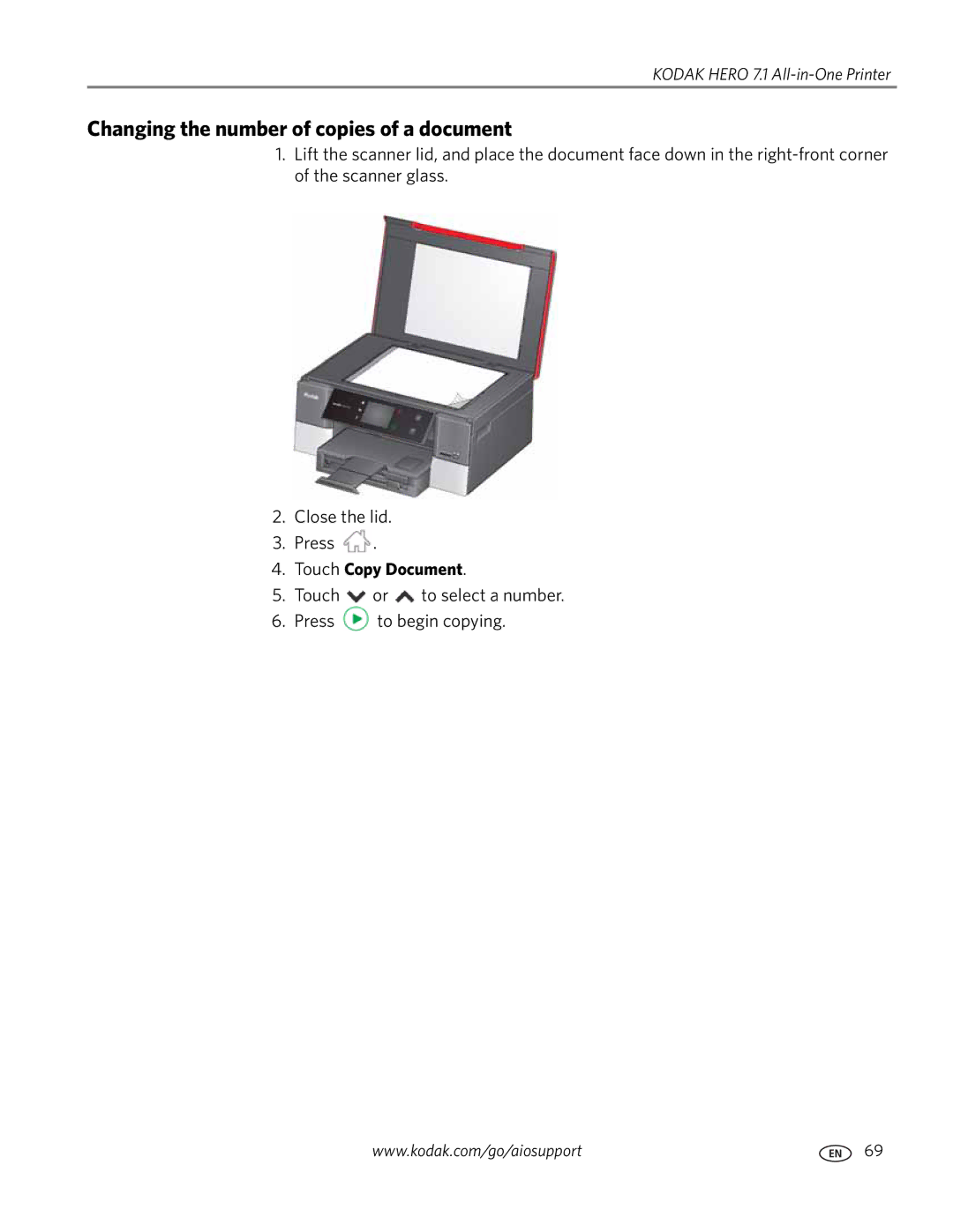 Kodak 7.1 manual Changing the number of copies of a document, Touch Copy Document 